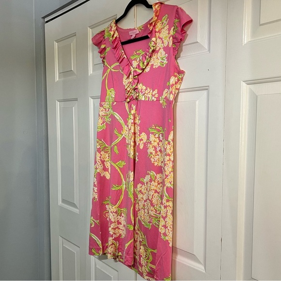 Lilly Pulitzer Claire Dress Silk Blend Queen Anne Lace Print Size Medium V-Neck - Picture 1 of 8